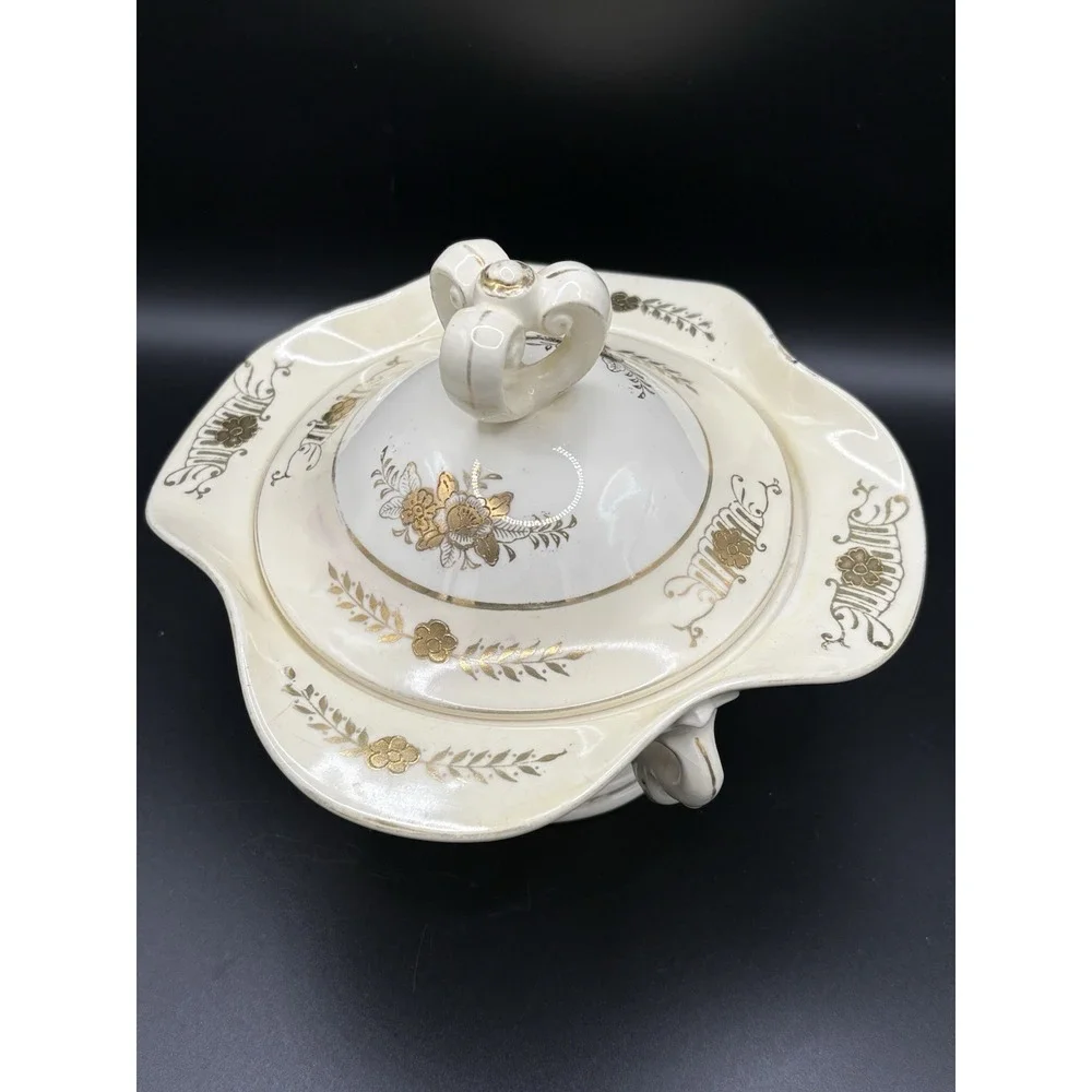 Vintage Arnart Japan Triple Condiment Server Hand-Painted Gold Floral Porcelain